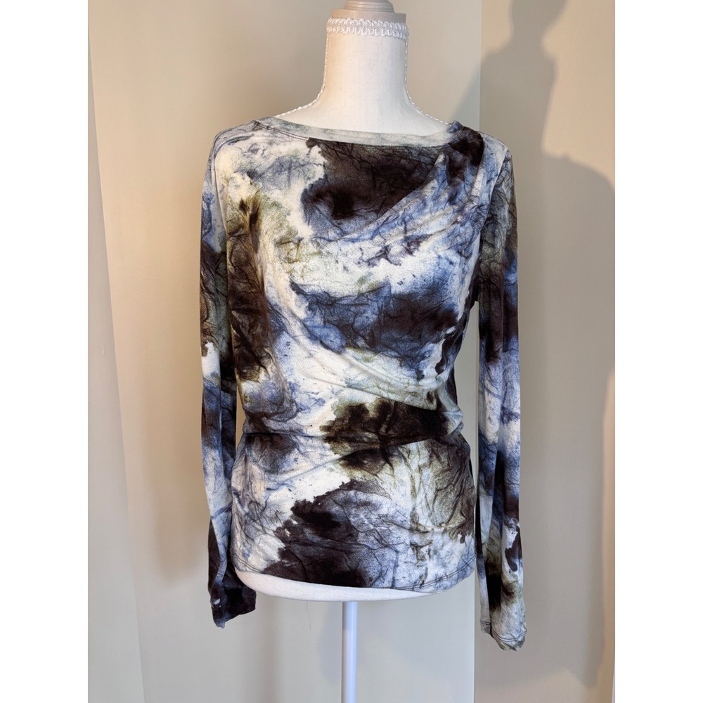 Simply Vera Vera Wang Boho Hippie Tie Dye Draped Neck L/S Top Brown Blue M